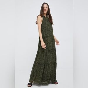 Ocelot-print crinkle georgette halter dress Olive Leopard Print Maxi Dress